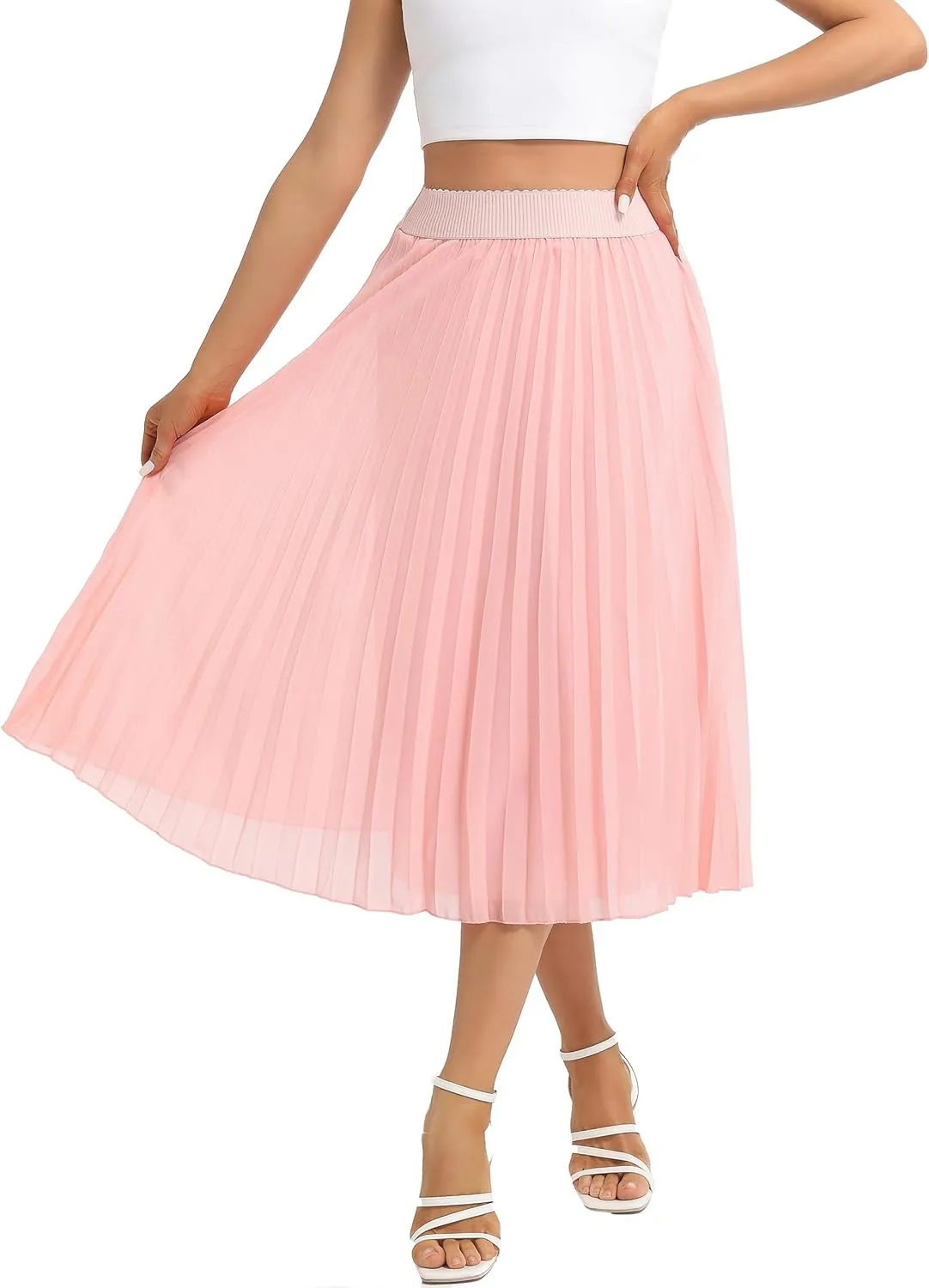 Womens Chiffon High Waist Skirt Pleated A-Line Swing Elastic Shirring Midi Length