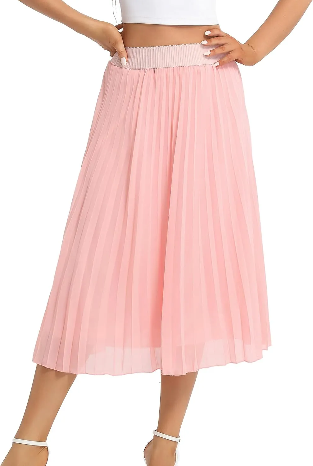Womens Chiffon High Waist Skirt Pleated A-Line Swing Elastic Shirring Midi Length