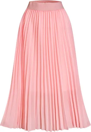 Womens Chiffon High Waist Skirt Pleated A-Line Swing Elastic Shirring Midi Length
