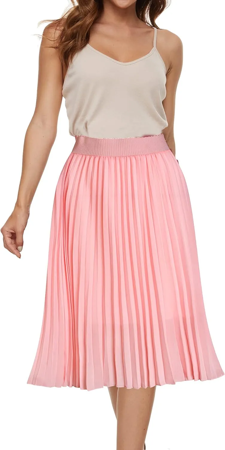 Womens Chiffon High Waist Skirt Pleated A-Line Swing Elastic Shirring Midi Length