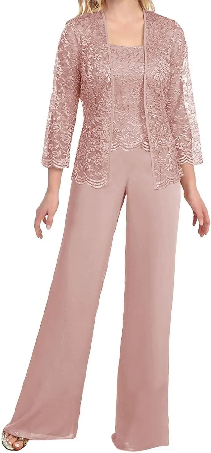 Women's Chiffon Lace Mother of The Bride Pants Suits 3 Pieces Evening Formal Dress Outfit Prom Wedding Party Gowns