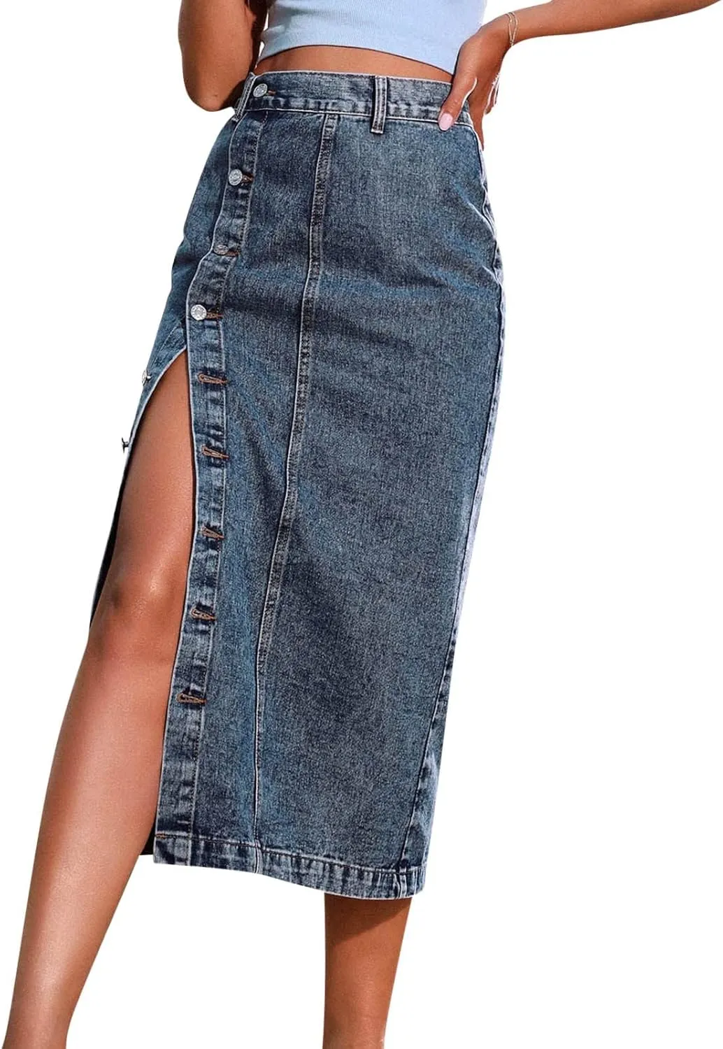 Women's Clothing European and Button Irregular Slit Denim High Waist Long Skirt Casual Circle Skirts for Women