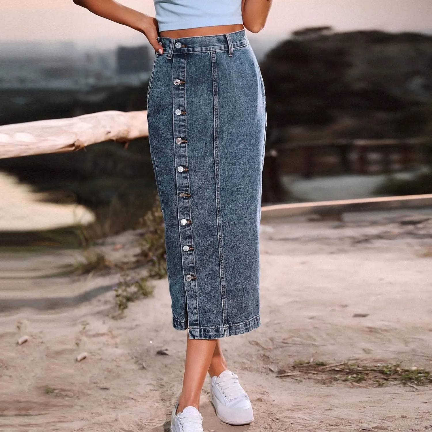 Women's Clothing European and Button Irregular Slit Denim High Waist Long Skirt Casual Circle Skirts for Women