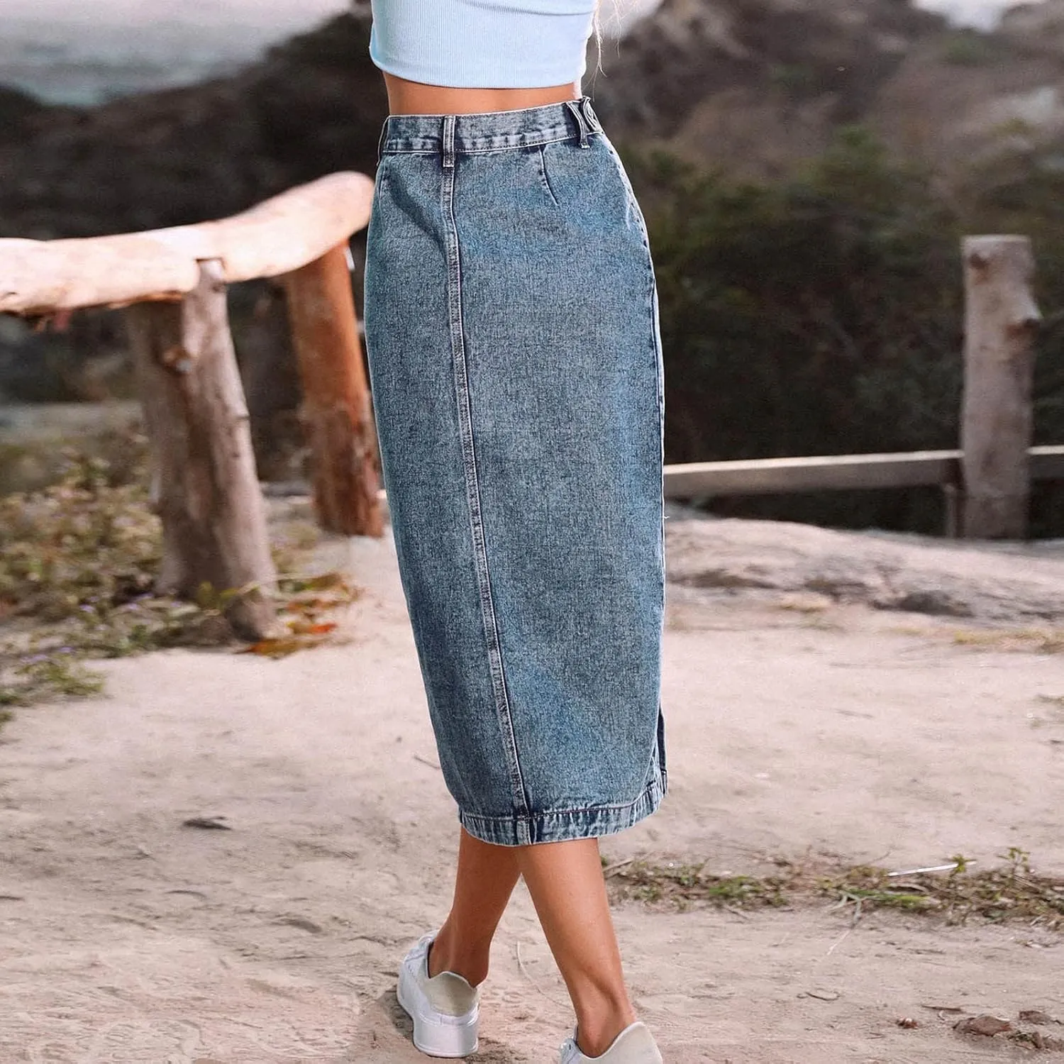 Women's Clothing European and Button Irregular Slit Denim High Waist Long Skirt Casual Circle Skirts for Women