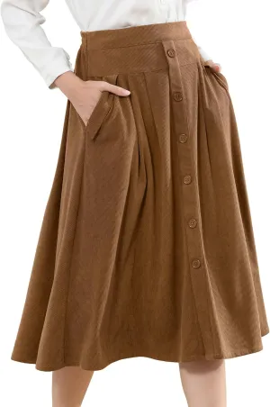 Womens Corduroy Skirts Vintage High Waist Button Long Pleated Skirts A-line Midi Skirt with Pockets Fall Winter