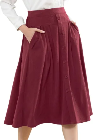 Womens Corduroy Skirts Vintage High Waist Button Long Pleated Skirts A-line Midi Skirt with Pockets Fall Winter