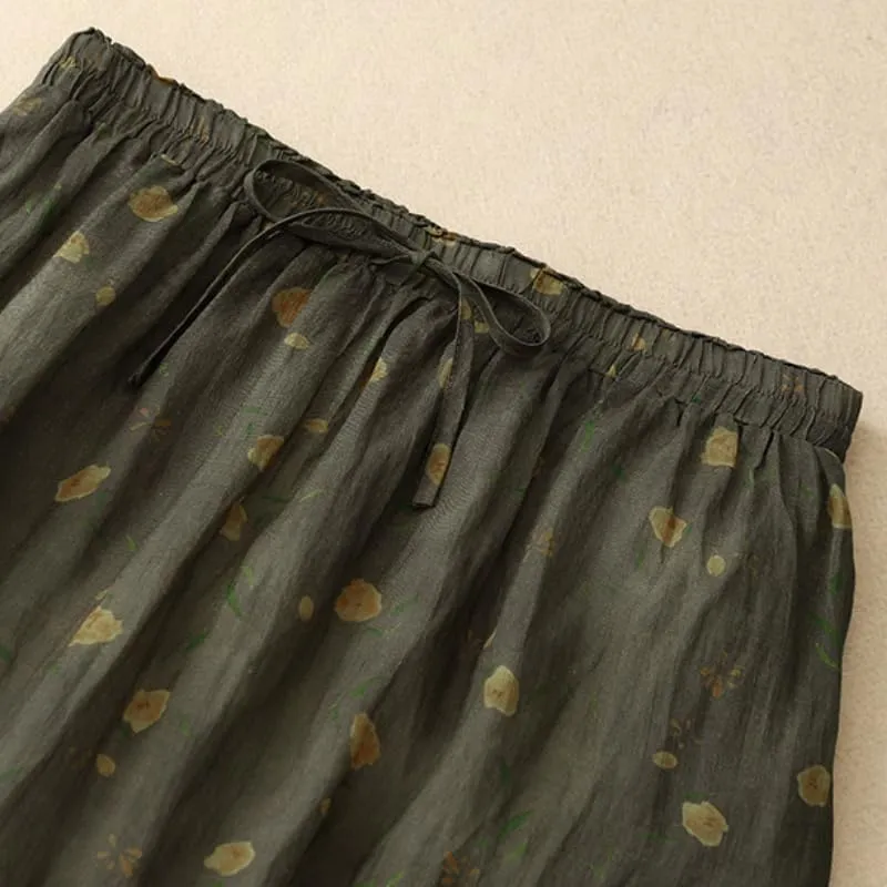 Women's Cotton Linen Bohemian Long Skirts 2025 Summer Vacation A Line Flowy Floral Boho High Waist Vacation Midi Skirts