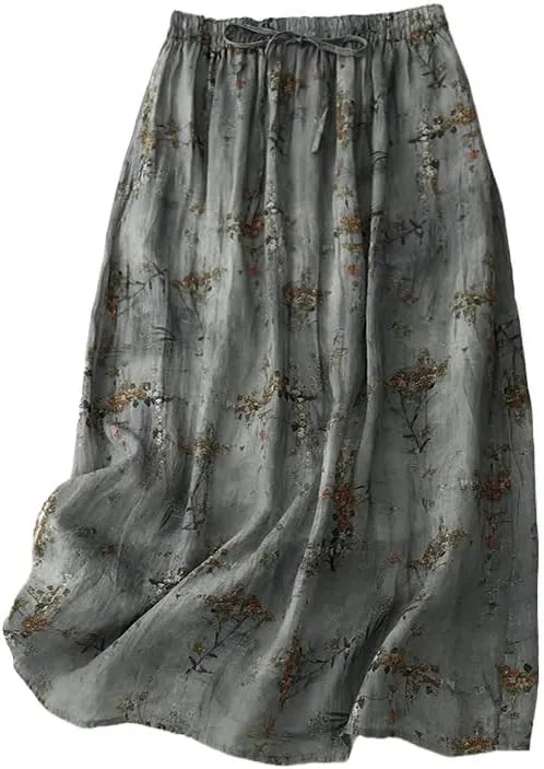 Women's Cotton Linen Bohemian Long Skirts 2025 Summer Vacation A Line Flowy Floral Boho High Waist Vacation Midi Skirts