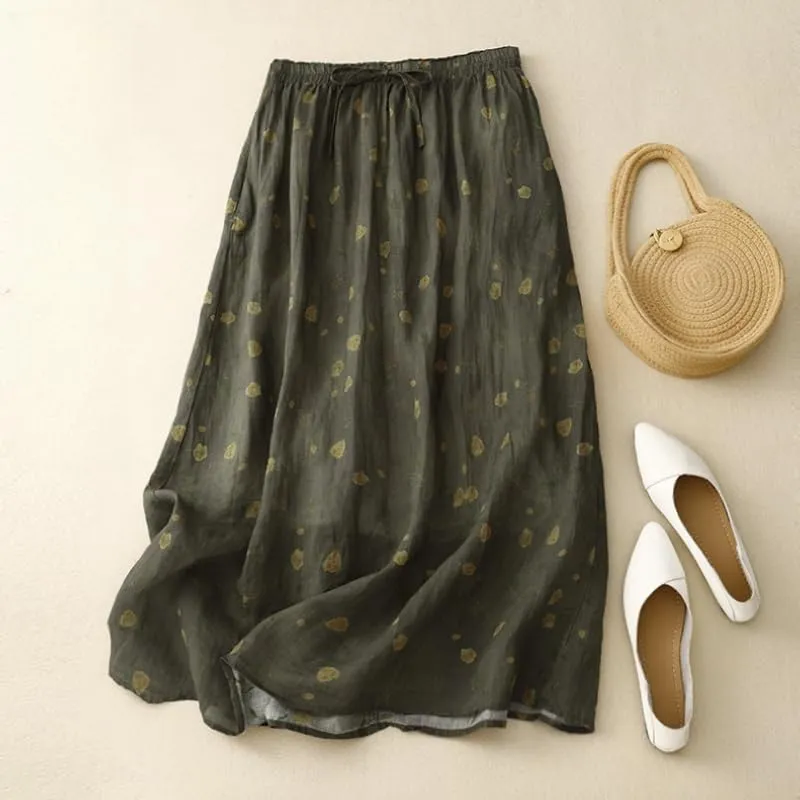Women's Cotton Linen Bohemian Long Skirts 2025 Summer Vacation A Line Flowy Floral Boho High Waist Vacation Midi Skirts
