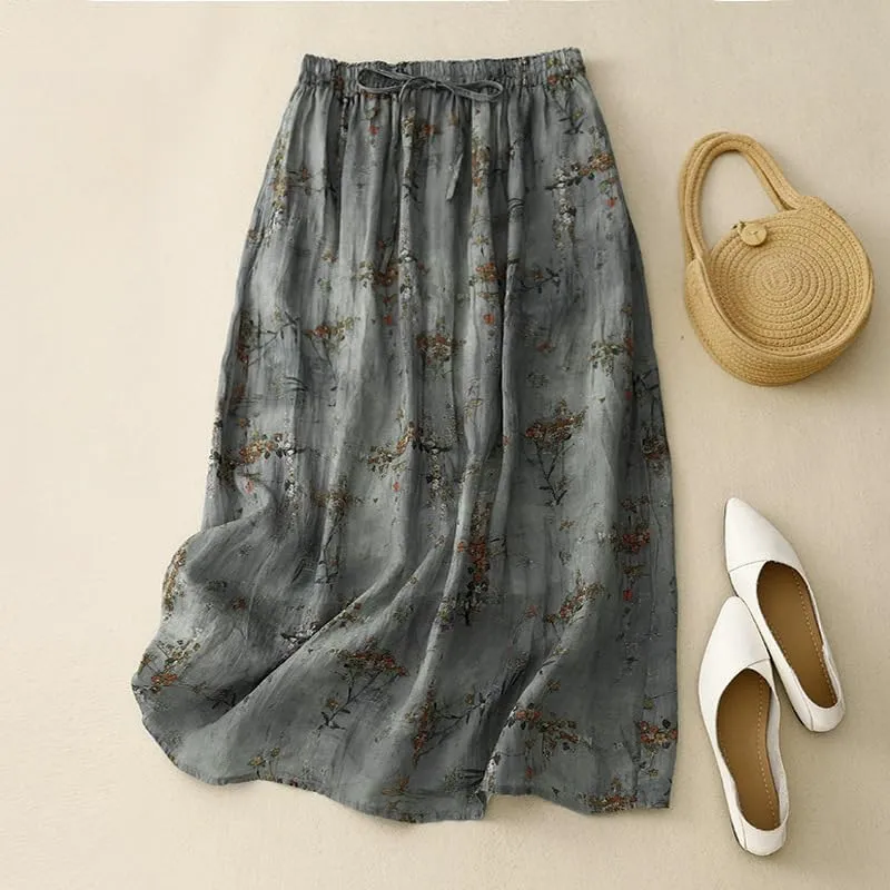 Women's Cotton Linen Bohemian Long Skirts 2025 Summer Vacation A Line Flowy Floral Boho High Waist Vacation Midi Skirts