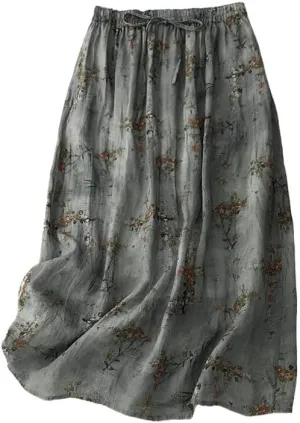 Women's Cotton Linen Bohemian Long Skirts 2025 Summer Vacation A Line Flowy Floral Boho High Waist Vacation Midi Skirts