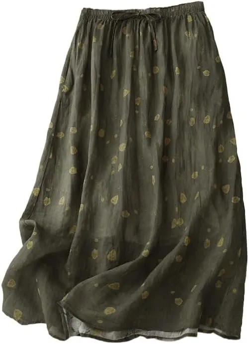 Women's Cotton Linen Bohemian Long Skirts 2025 Summer Vacation A Line Flowy Floral Boho High Waist Vacation Midi Skirts