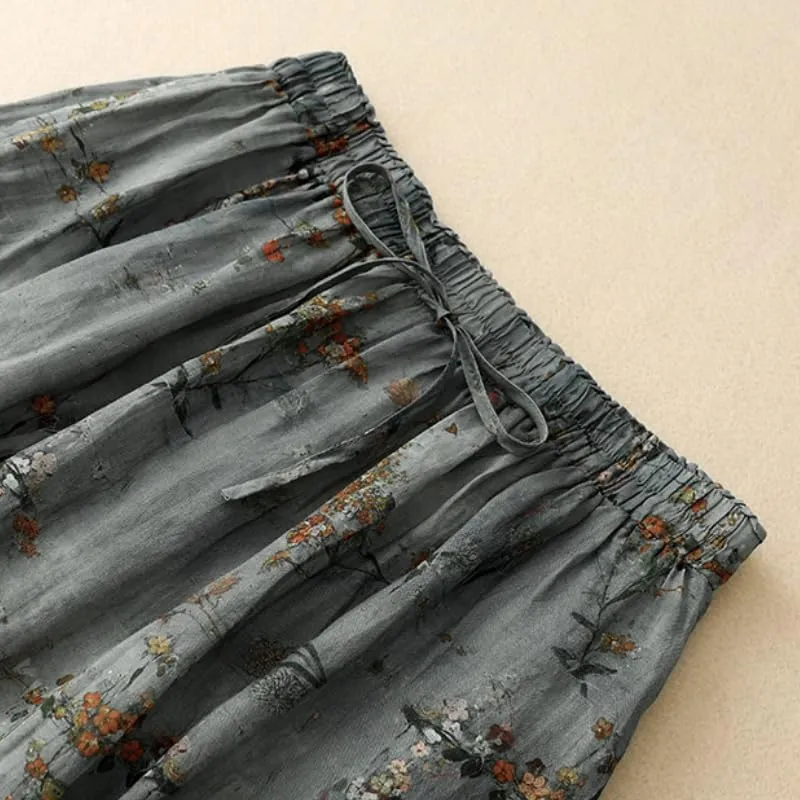 Women's Cotton Linen Bohemian Long Skirts 2025 Summer Vacation A Line Flowy Floral Boho High Waist Vacation Midi Skirts