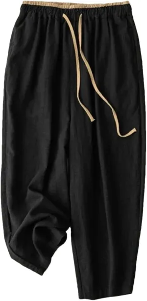 Women's Cotton Linen Loose Harem Pants Elastic Drawstring Waist Casual Wide-Leg Pants
