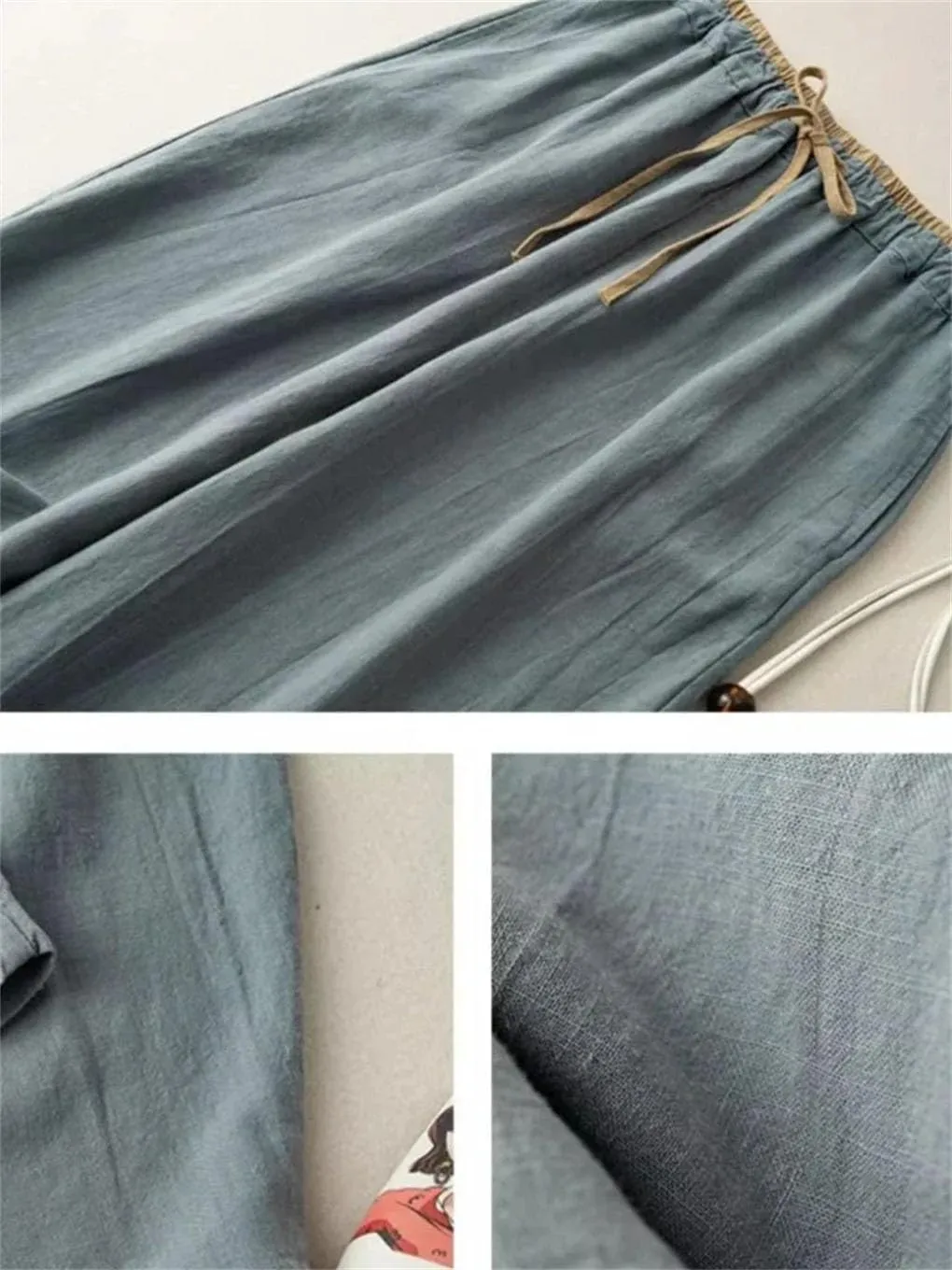 Women's Cotton Linen Loose Harem Pants Elastic Drawstring Waist Casual Wide-Leg Pants