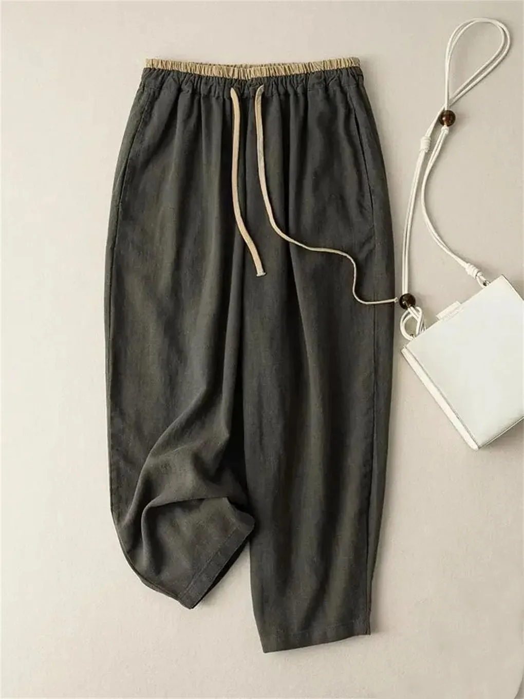 Women's Cotton Linen Loose Harem Pants Elastic Drawstring Waist Casual Wide-Leg Pants