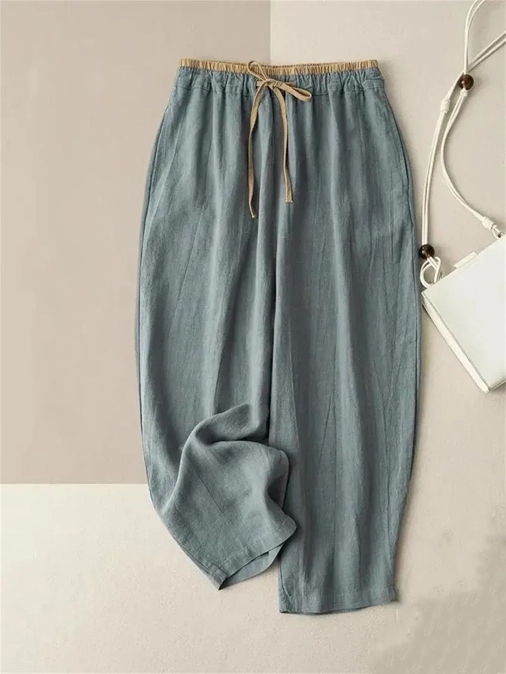 Women's Cotton Linen Loose Harem Pants Elastic Drawstring Waist Casual Wide-Leg Pants