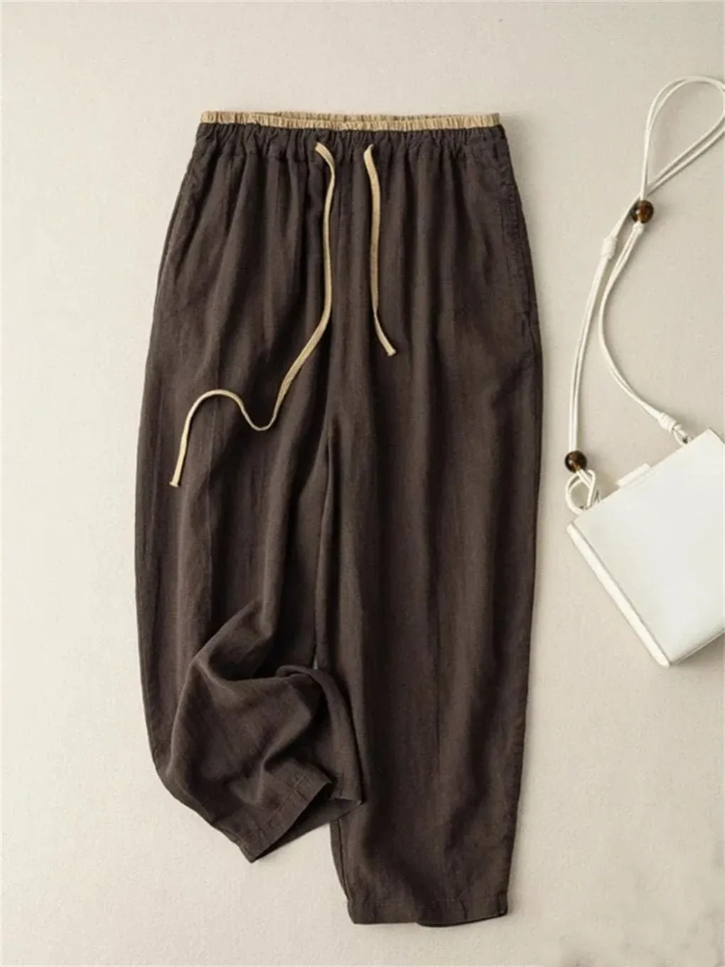 Women's Cotton Linen Loose Harem Pants Elastic Drawstring Waist Casual Wide-Leg Pants