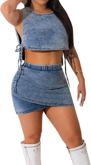 Women's Denim 2 Piece Outfits Sexy Lace Up Crop Tank Top High Waisted Jean Mini Skirt Clubwear