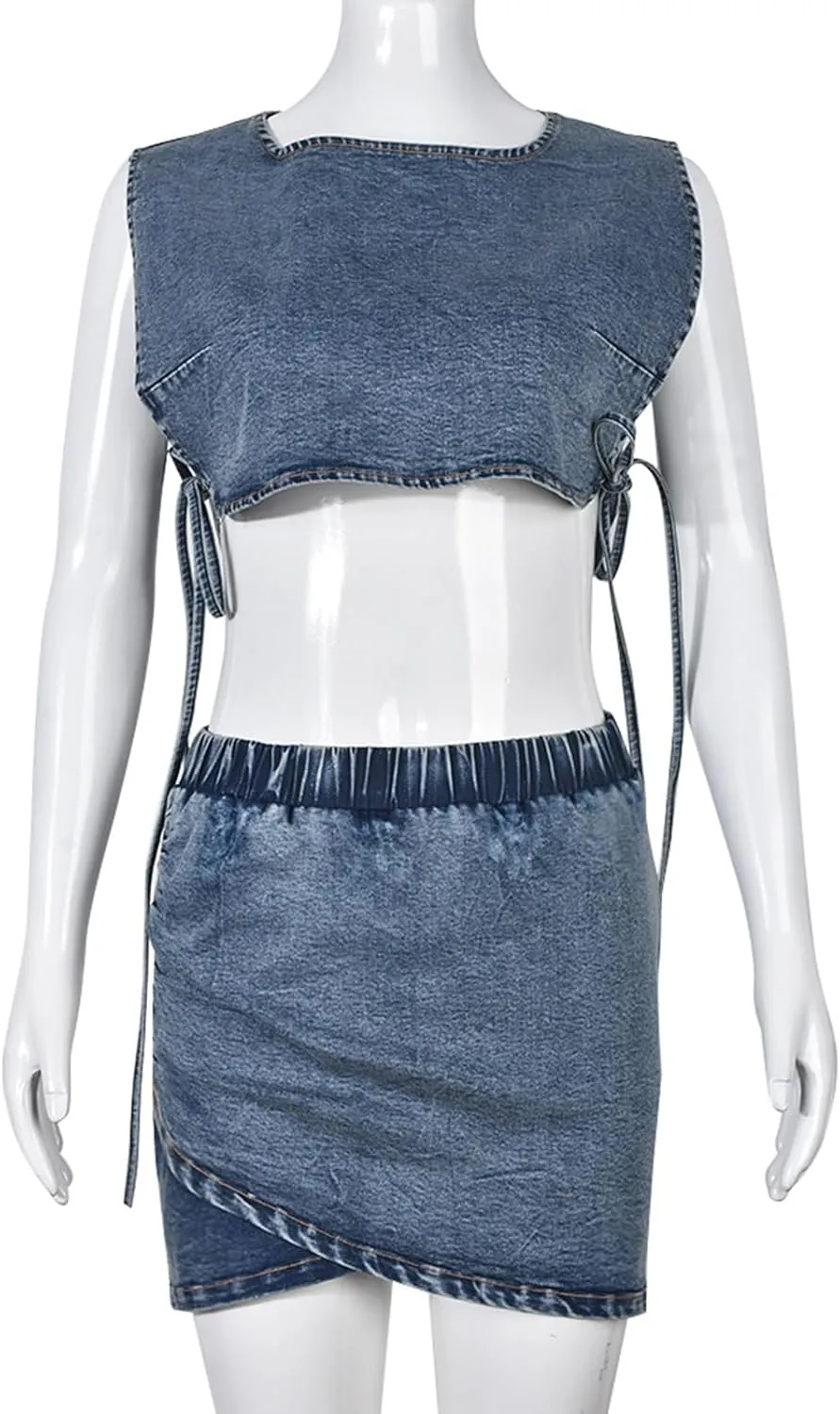 Women's Denim 2 Piece Outfits Sexy Lace Up Crop Tank Top High Waisted Jean Mini Skirt Clubwear