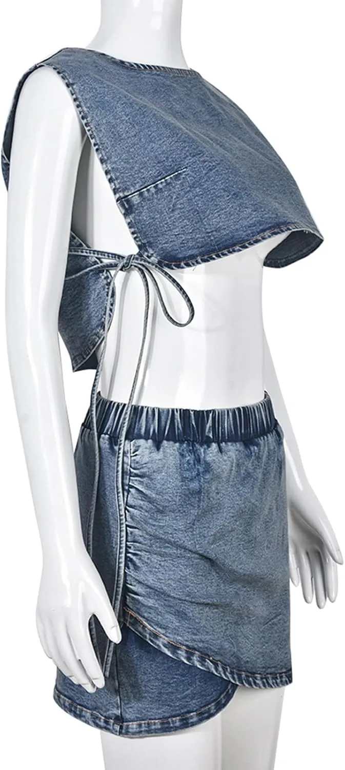Women's Denim 2 Piece Outfits Sexy Lace Up Crop Tank Top High Waisted Jean Mini Skirt Clubwear