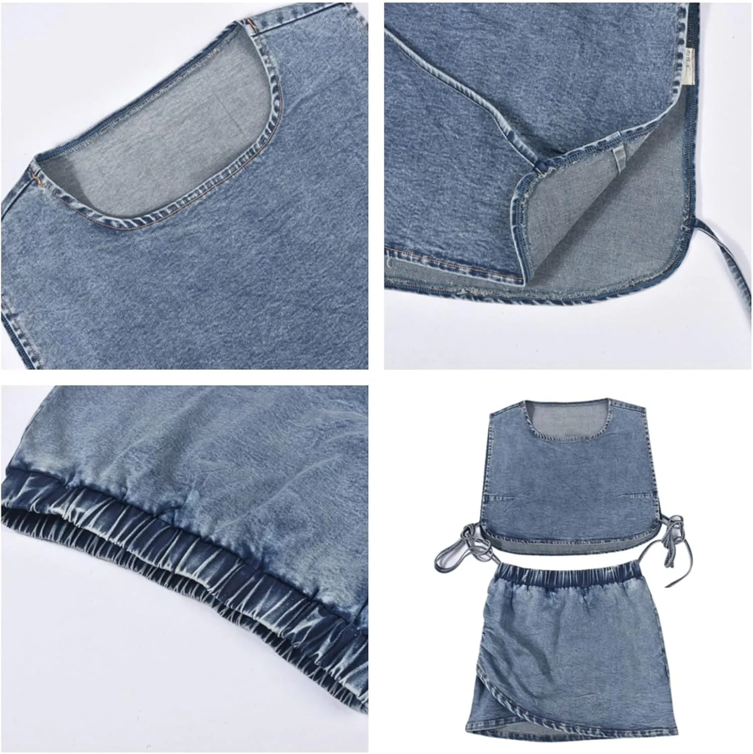 Women's Denim 2 Piece Outfits Sexy Lace Up Crop Tank Top High Waisted Jean Mini Skirt Clubwear