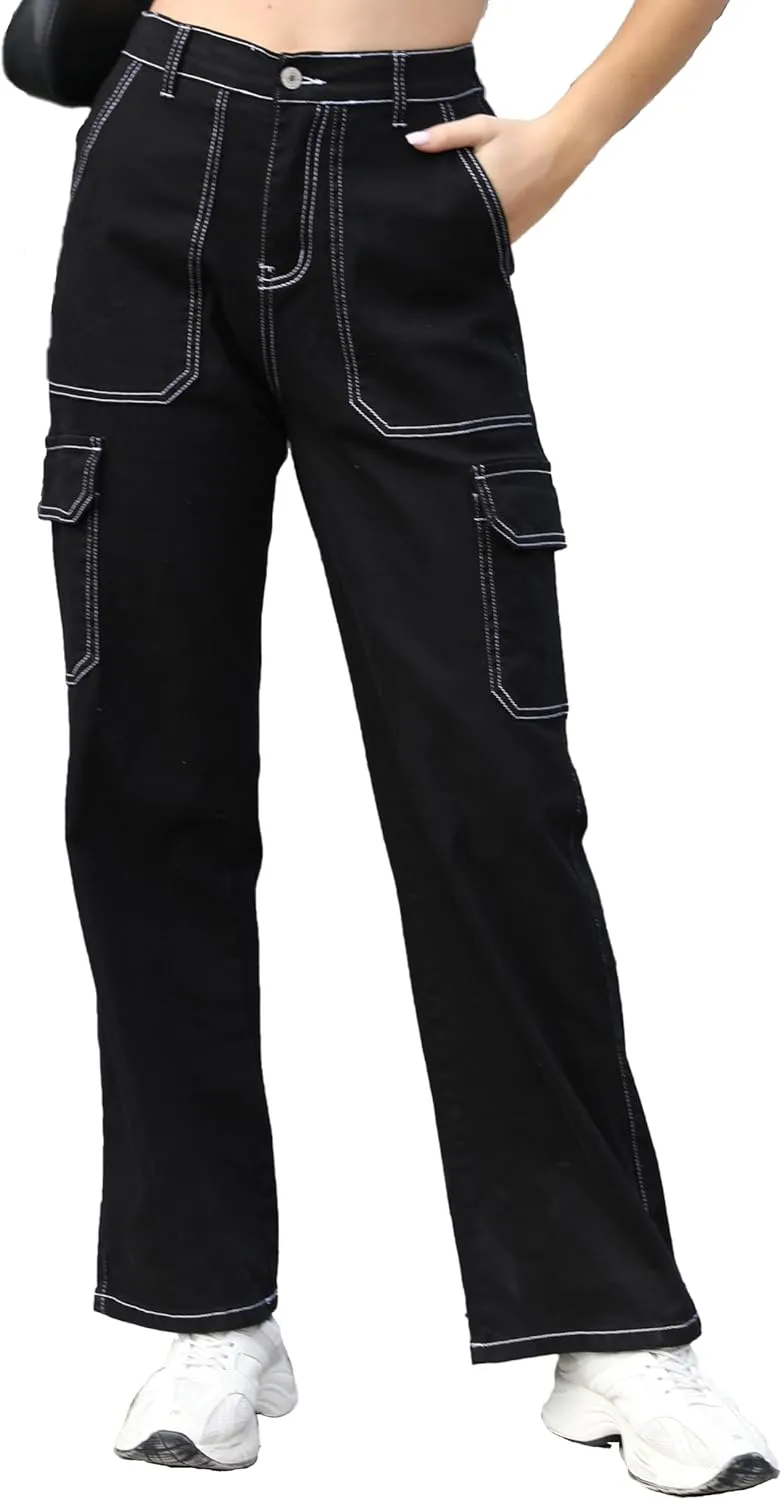 Womens Denim Cargo Pants Flap Pocket High Waisted Stretchy Straight Wide Leg Jeans