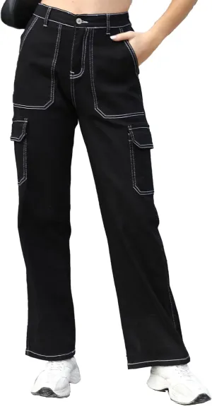 Womens Denim Cargo Pants Flap Pocket High Waisted Stretchy Straight Wide Leg Jeans