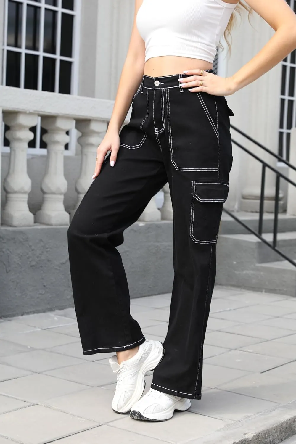 Womens Denim Cargo Pants Flap Pocket High Waisted Stretchy Straight Wide Leg Jeans