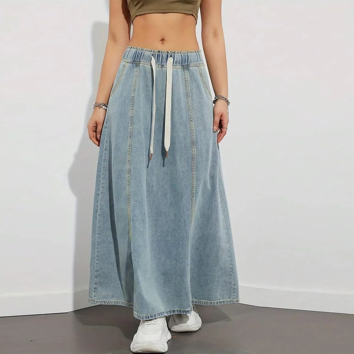 Women's Denim Drawstring Long Skirts Elastic High Waist Maxi Flare Jean Skirt Casual Paperbag A Line Beach Skirt