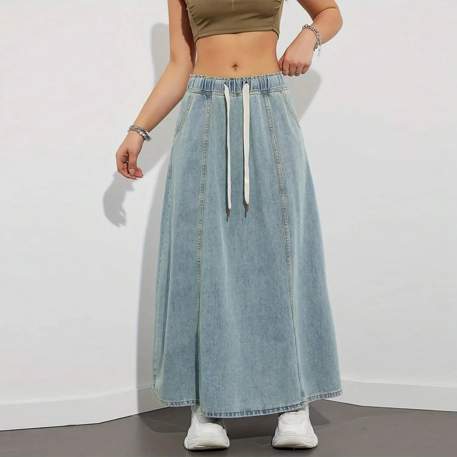 Women's Denim Drawstring Long Skirts Elastic High Waist Maxi Flare Jean Skirt Casual Paperbag A Line Beach Skirt