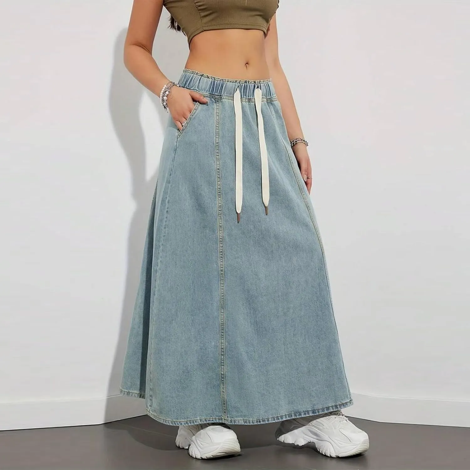 Women's Denim Drawstring Long Skirts Elastic High Waist Maxi Flare Jean Skirt Casual Paperbag A Line Beach Skirt