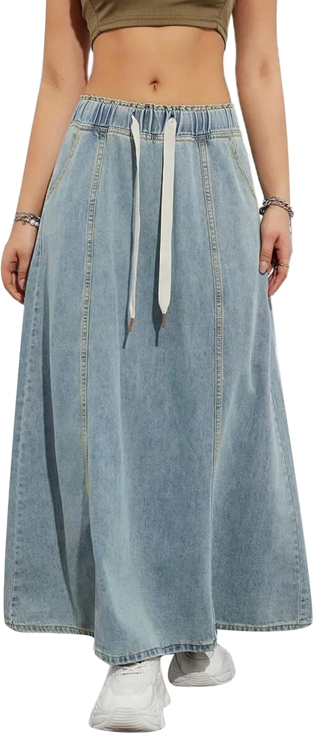 Women's Denim Drawstring Long Skirts Elastic High Waist Maxi Flare Jean Skirt Casual Paperbag A Line Beach Skirt