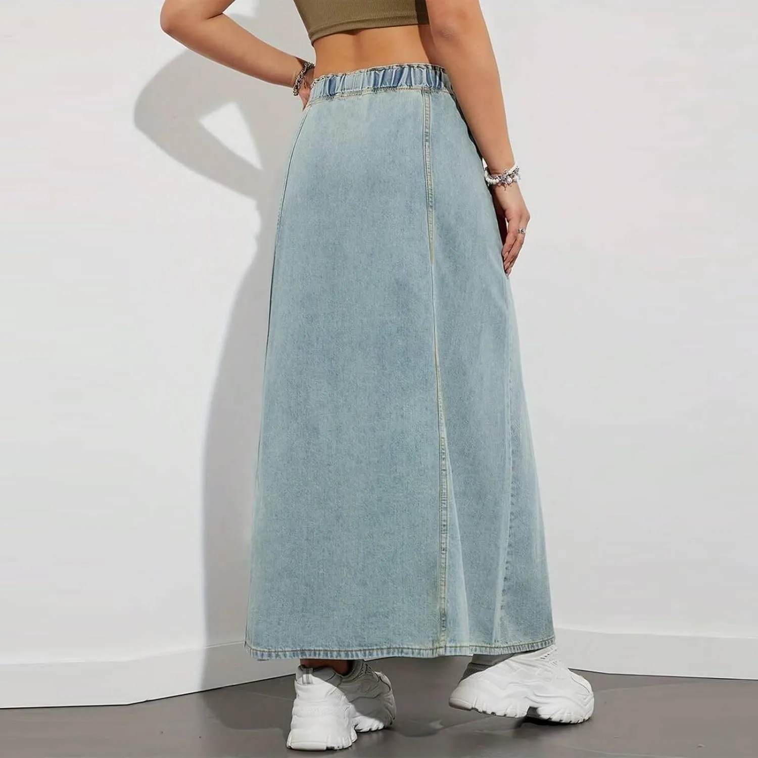 Women's Denim Drawstring Long Skirts Elastic High Waist Maxi Flare Jean Skirt Casual Paperbag A Line Beach Skirt