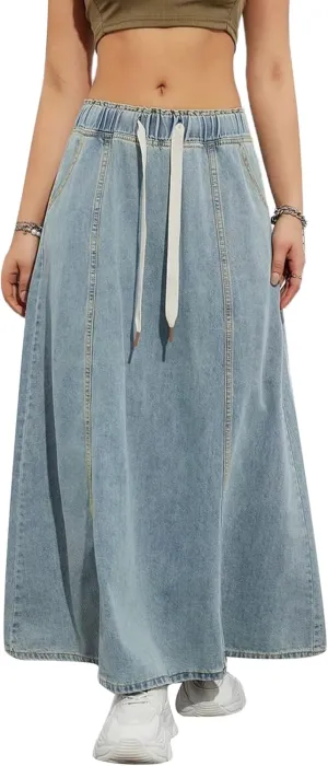 Women's Denim Drawstring Long Skirts Elastic High Waist Maxi Flare Jean Skirt Casual Paperbag A Line Beach Skirt