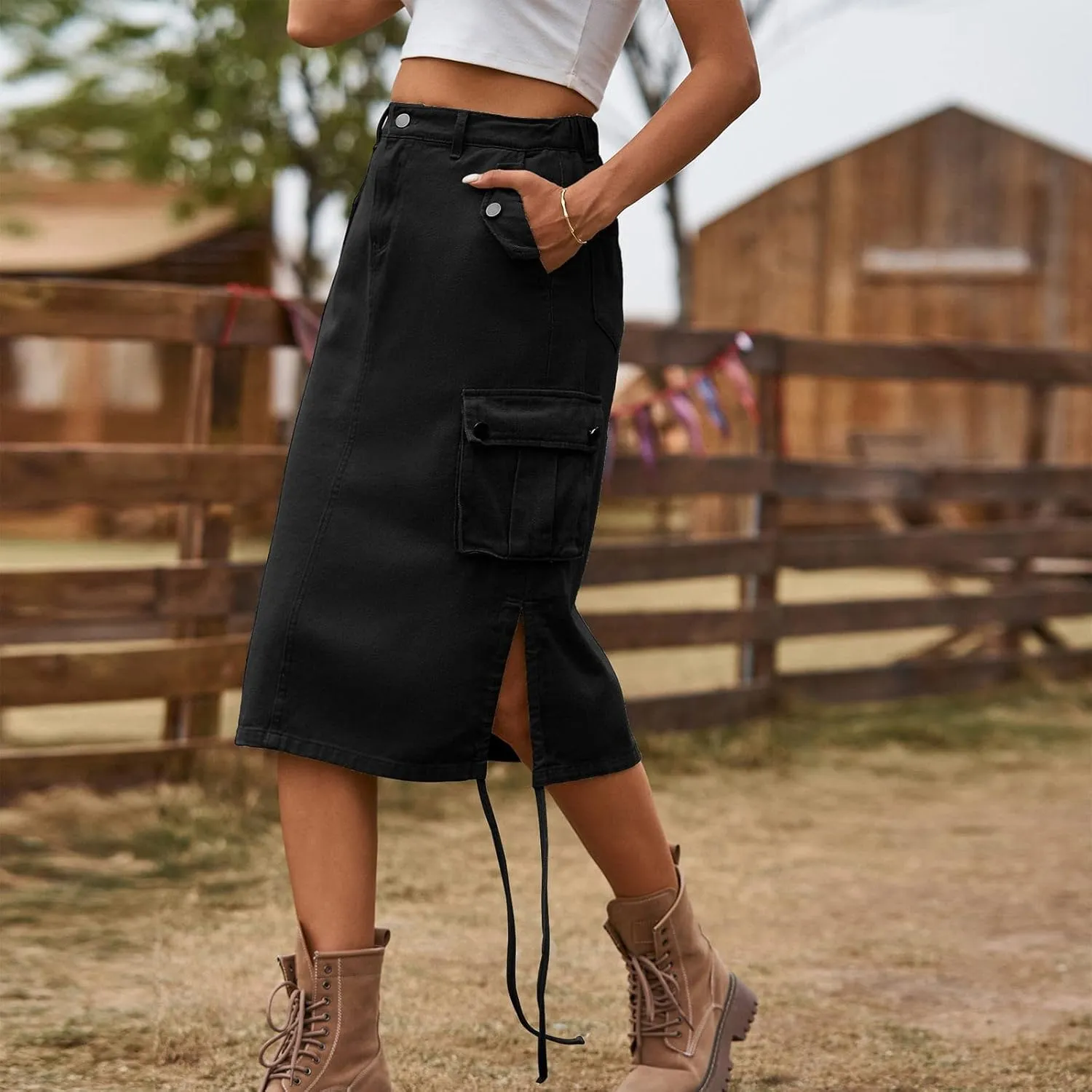 Women's Denim lace up Tooling Skirt Casual mid Length Skirt Animal Print Skirt with Slit