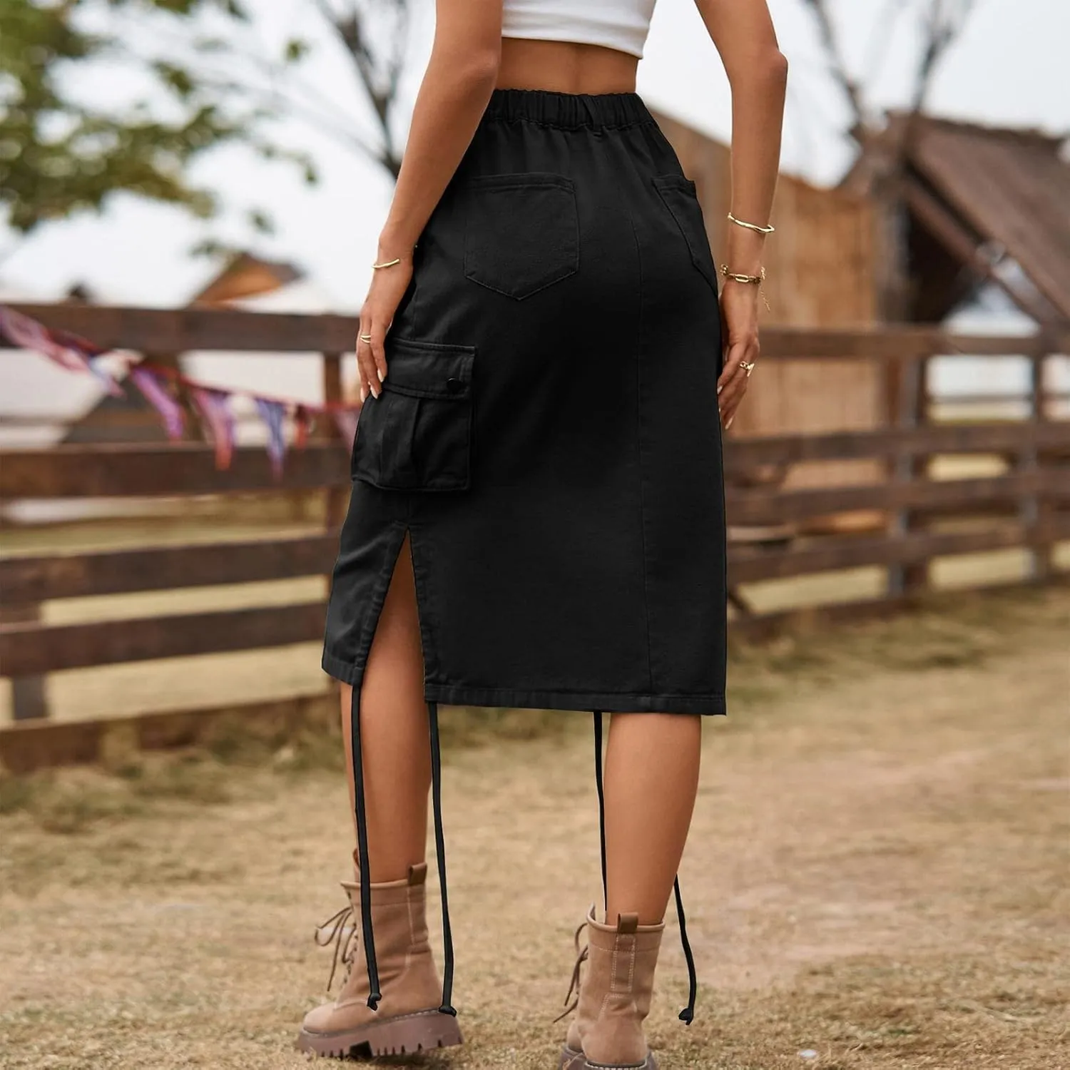 Women's Denim lace up Tooling Skirt Casual mid Length Skirt Animal Print Skirt with Slit
