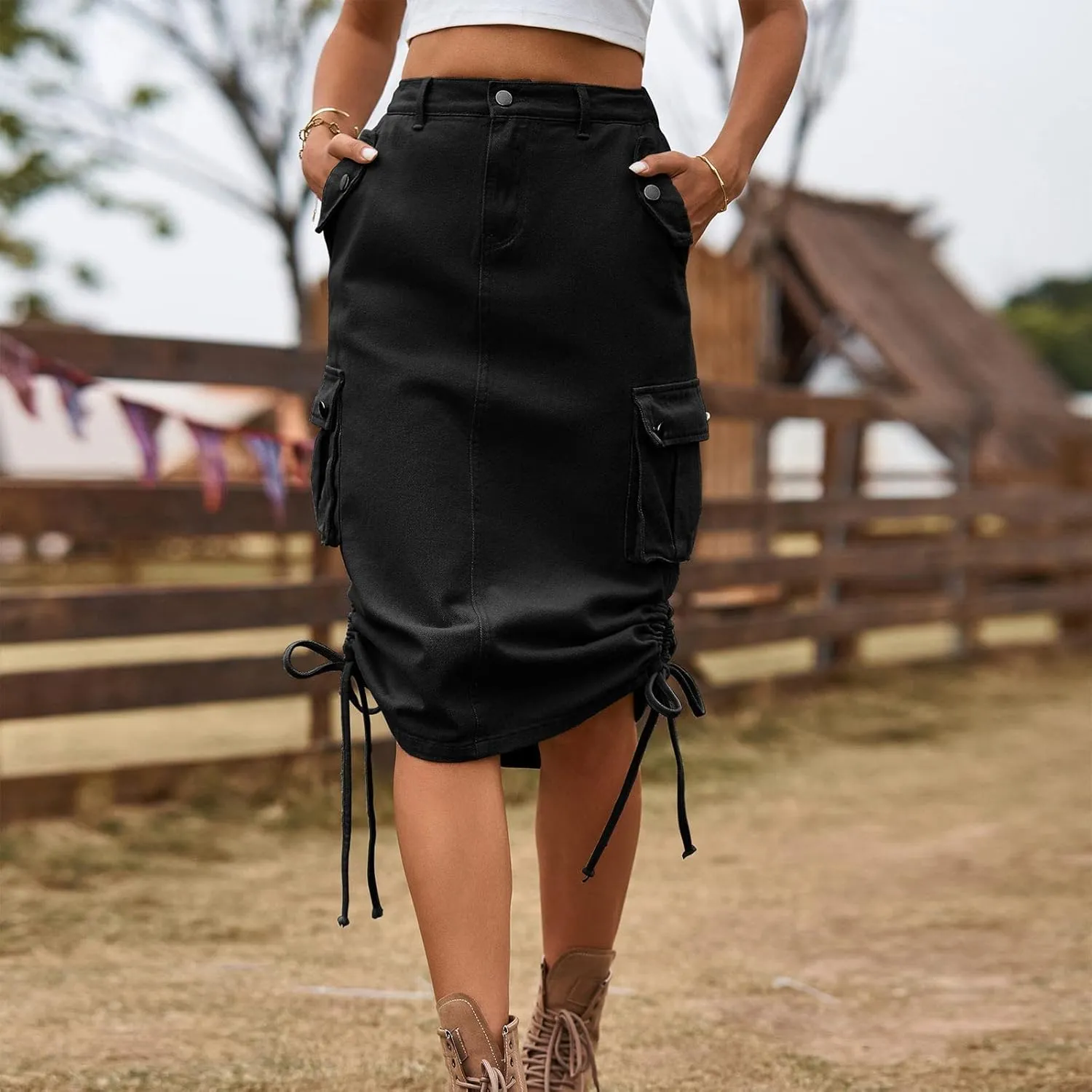 Women's Denim lace up Tooling Skirt Casual mid Length Skirt Animal Print Skirt with Slit
