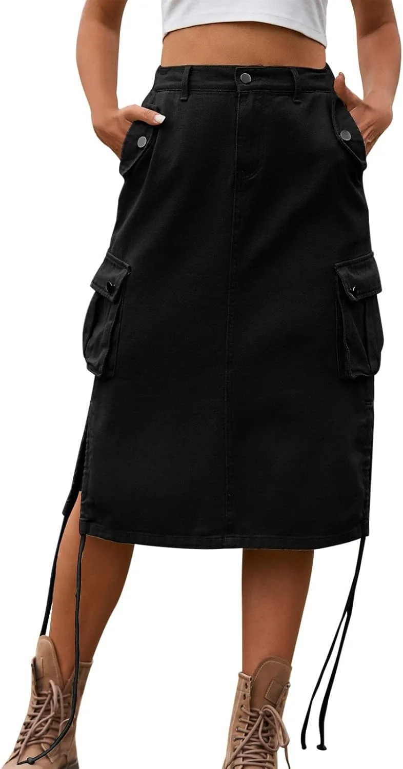 Women's Denim lace up Tooling Skirt Casual mid Length Skirt Animal Print Skirt with Slit