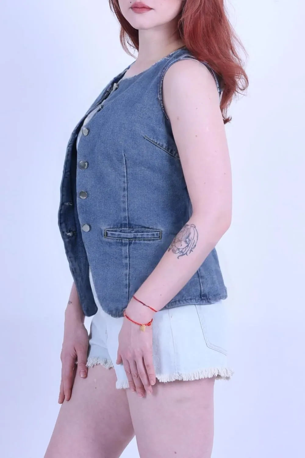 Women's Denim Long Vest Tops Crew Neck Button Down Back Belt Denim Waistcoat Sleeveless Jean Jacket Streetwear