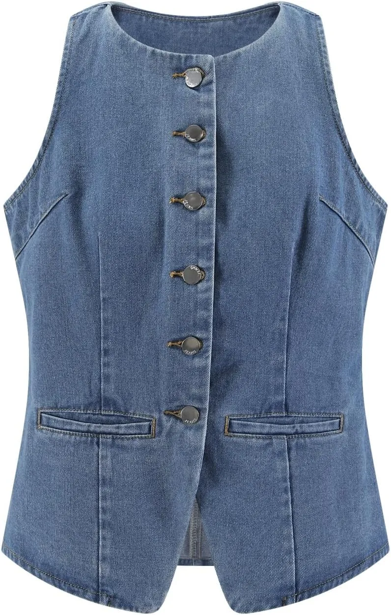 Women's Denim Long Vest Tops Crew Neck Button Down Back Belt Denim Waistcoat Sleeveless Jean Jacket Streetwear