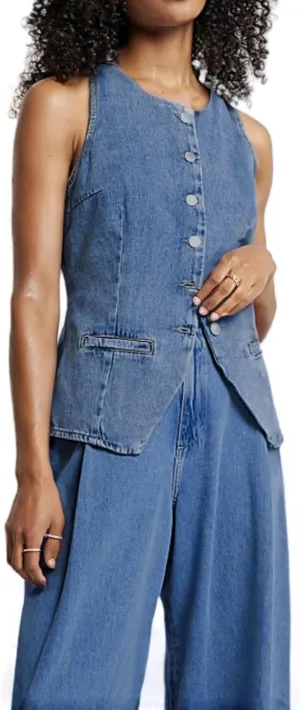 Women's Denim Long Vest Tops Crew Neck Button Down Back Belt Denim Waistcoat Sleeveless Jean Jacket Streetwear