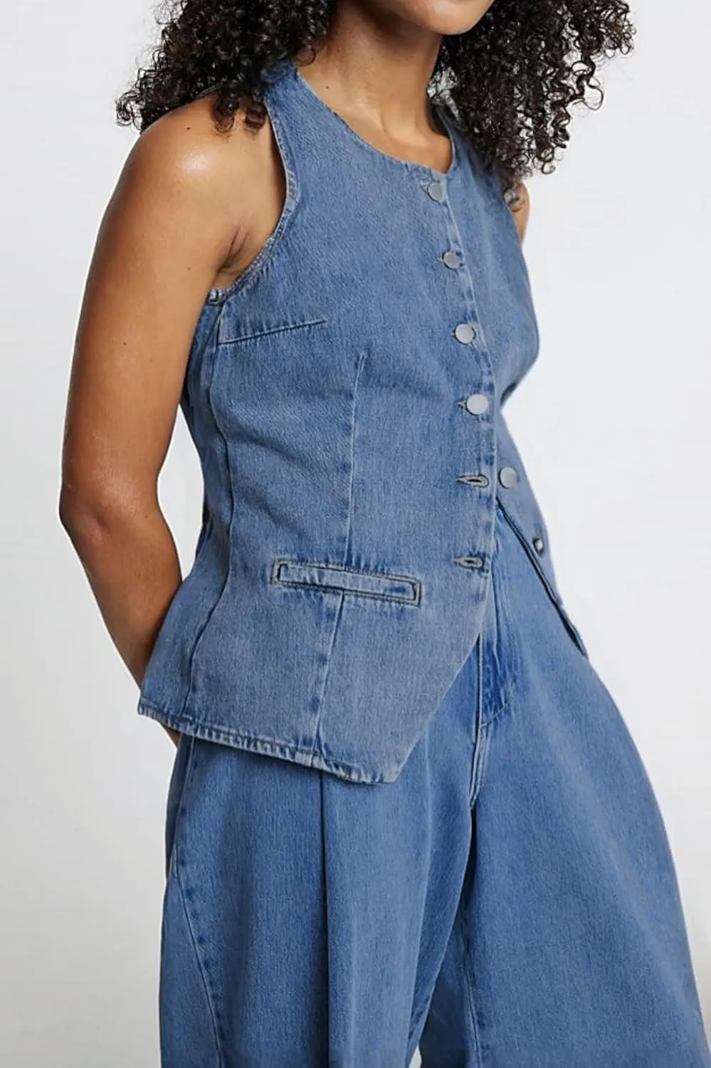 Women's Denim Long Vest Tops Crew Neck Button Down Back Belt Denim Waistcoat Sleeveless Jean Jacket Streetwear