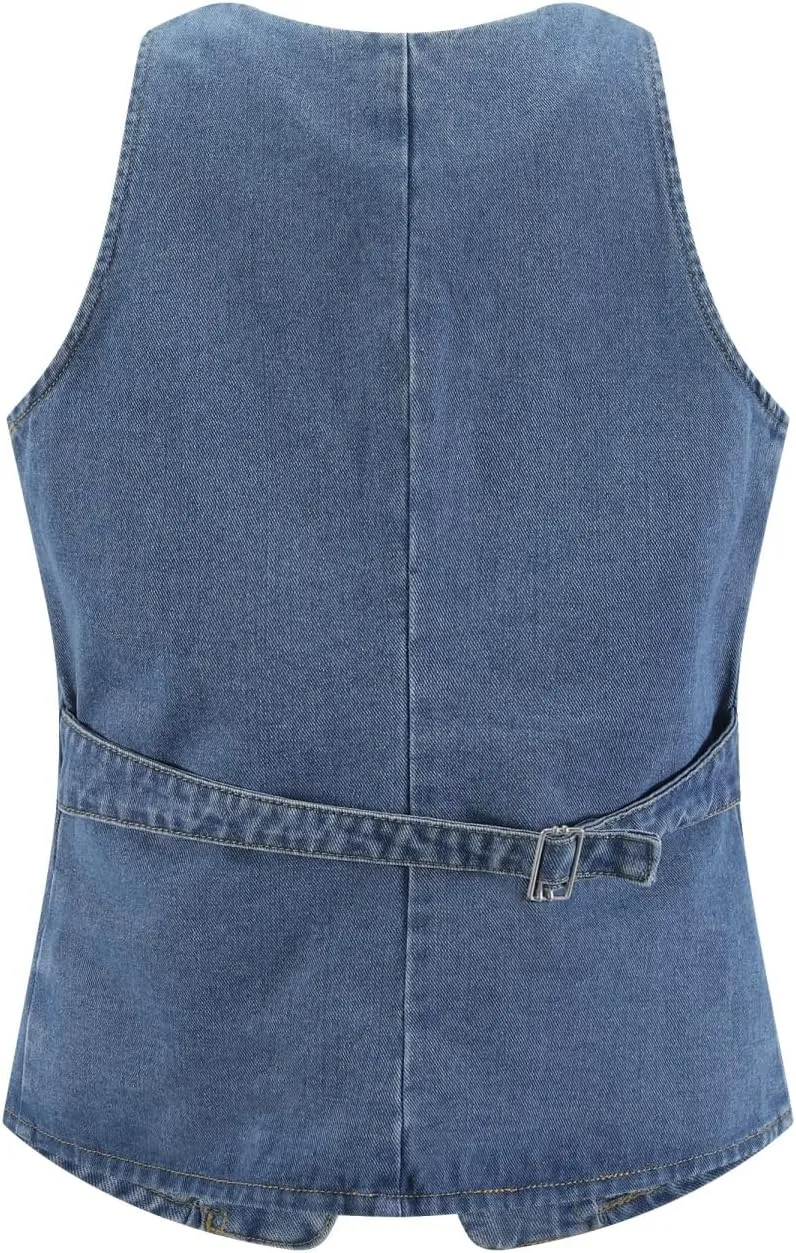 Women's Denim Long Vest Tops Crew Neck Button Down Back Belt Denim Waistcoat Sleeveless Jean Jacket Streetwear