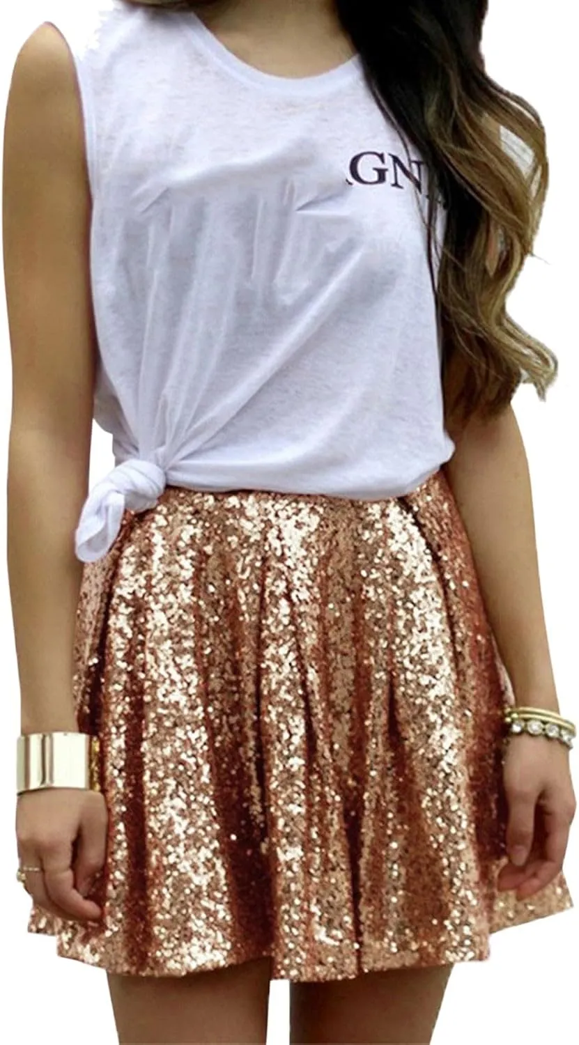 Women's Fashion High Waist Pleated Solid Color Short Skirt Loose Sequin Skirt Top and Midi Skirt