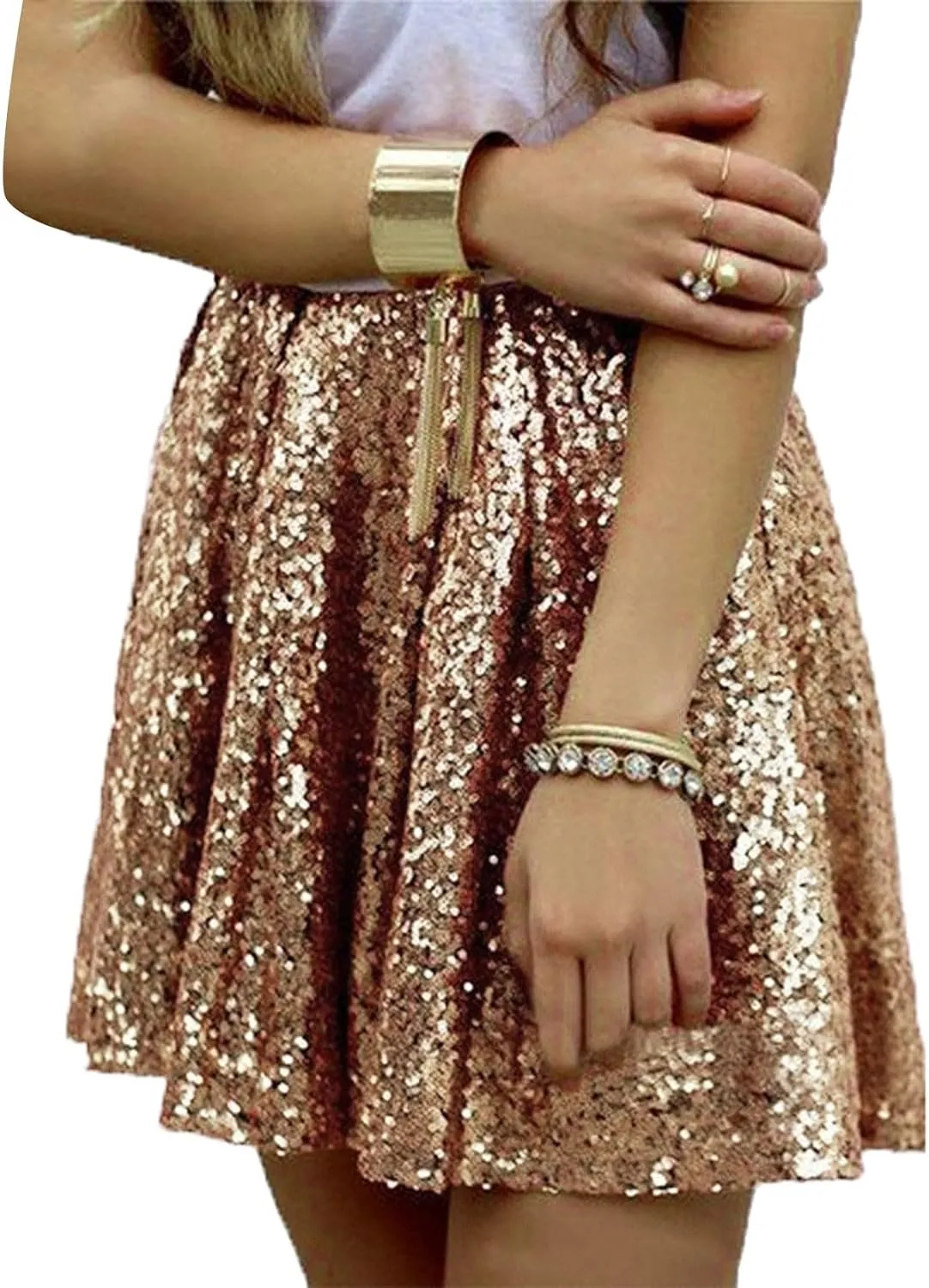 Women's Fashion High Waist Pleated Solid Color Short Skirt Loose Sequin Skirt Top and Midi Skirt