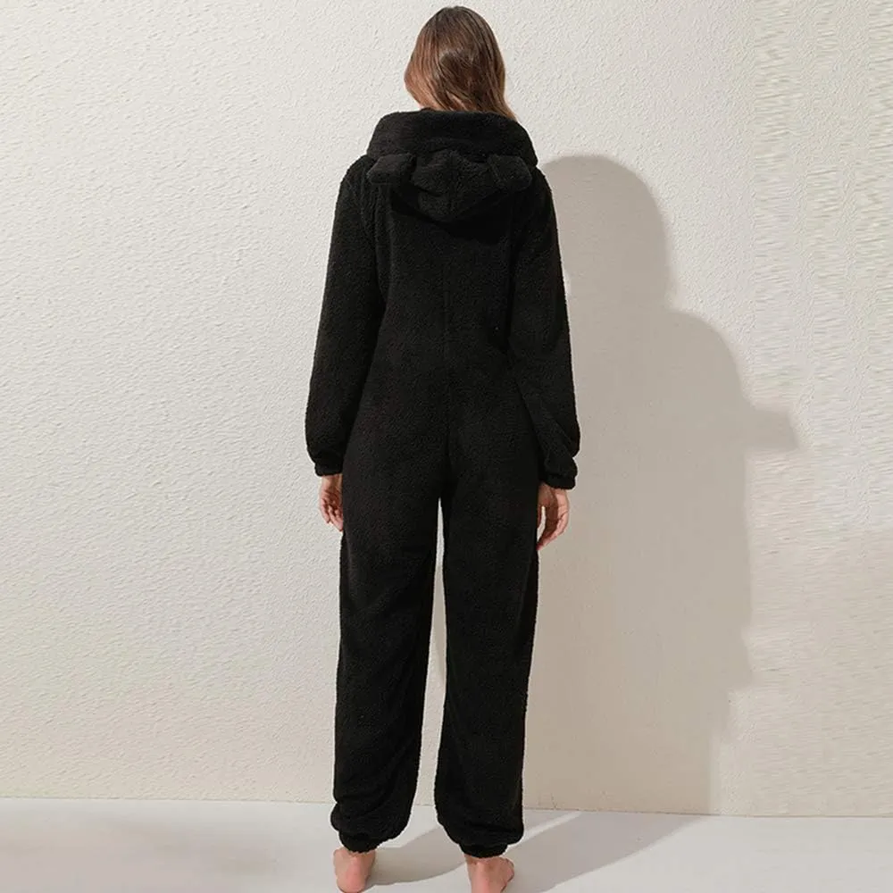 Womens Fleece Onesies Pajamas Jumpsuit Warm Sherpa Romper Sleepwear One Piece Zipper Hooded Playsuit Loungewear