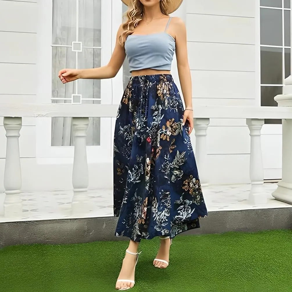 Women's Floral Maxi Skirt with Pockets - Long Midi Length for Beach Parties & Holidays
