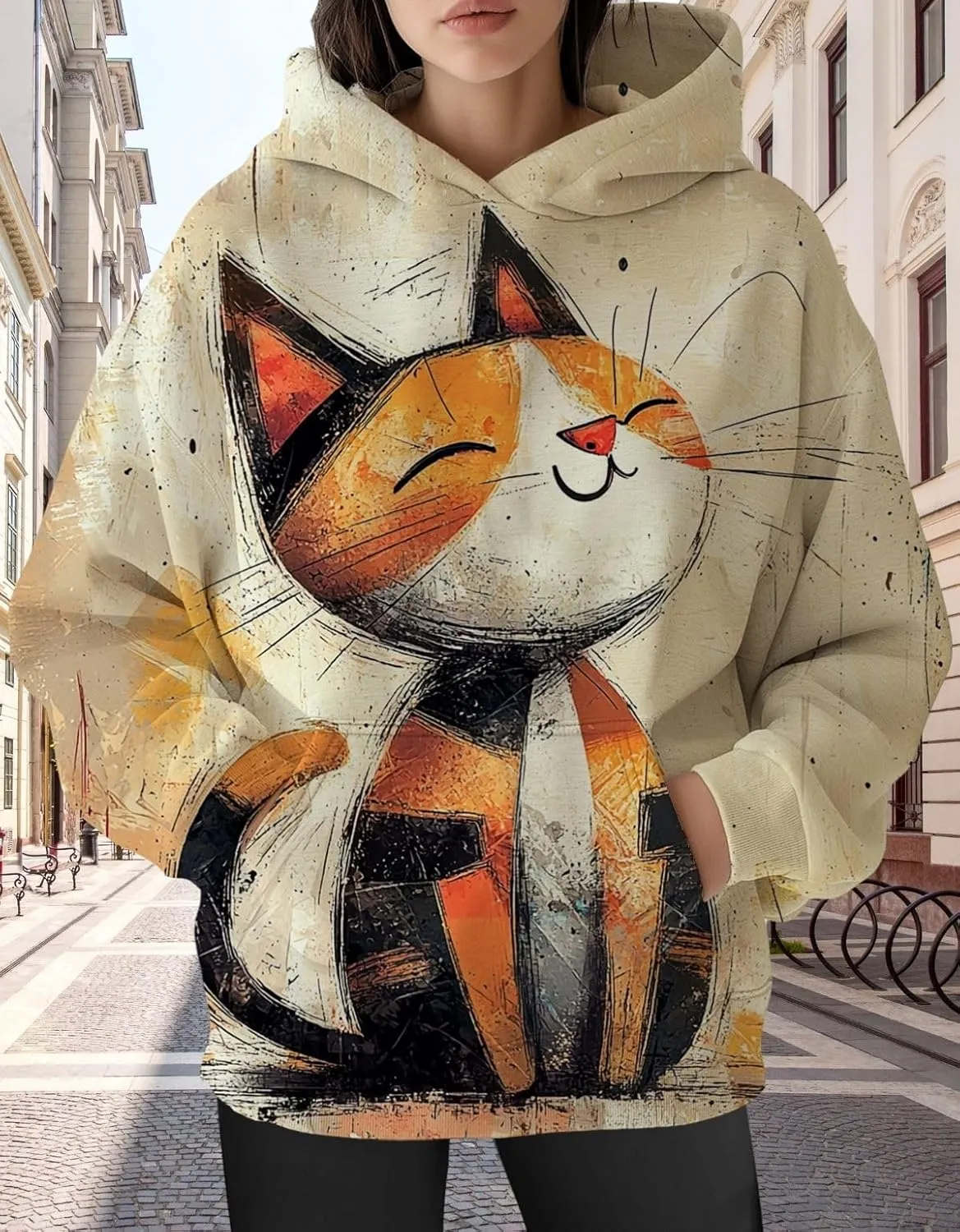 Womens Funny Cat Hoodies Oversized Cute Cat Lovers Printed Hooded Sweatshirt Y2K Fall Pullover Tops with Pockets