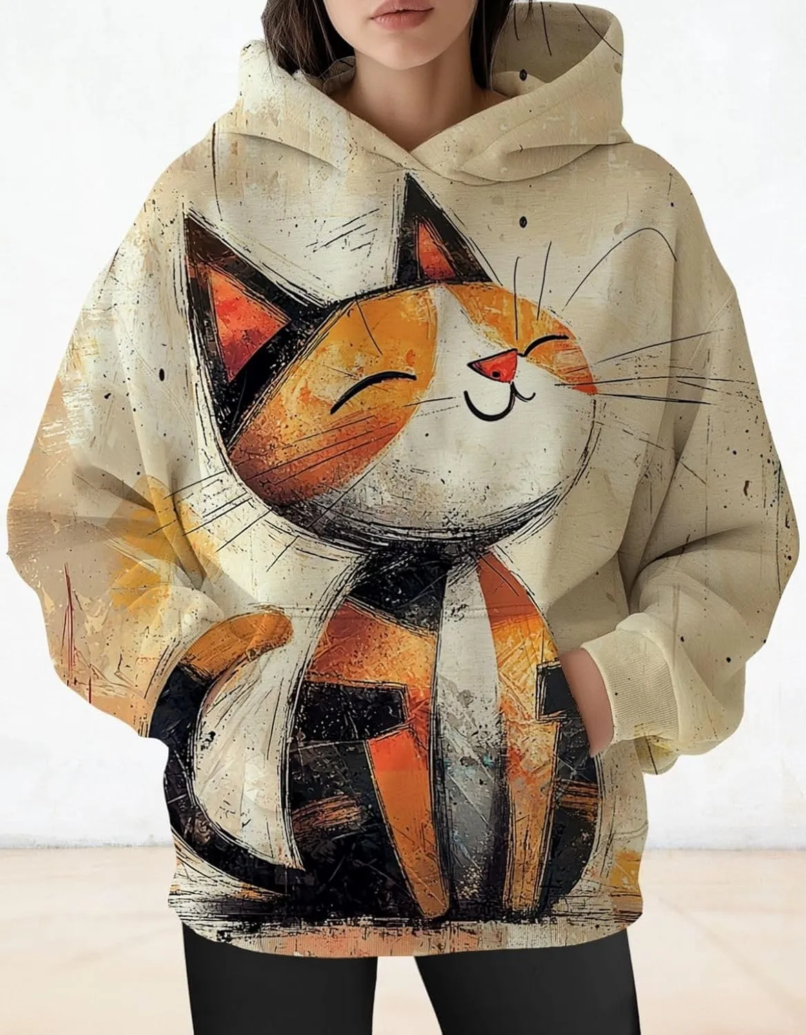Womens Funny Cat Hoodies Oversized Cute Cat Lovers Printed Hooded Sweatshirt Y2K Fall Pullover Tops with Pockets